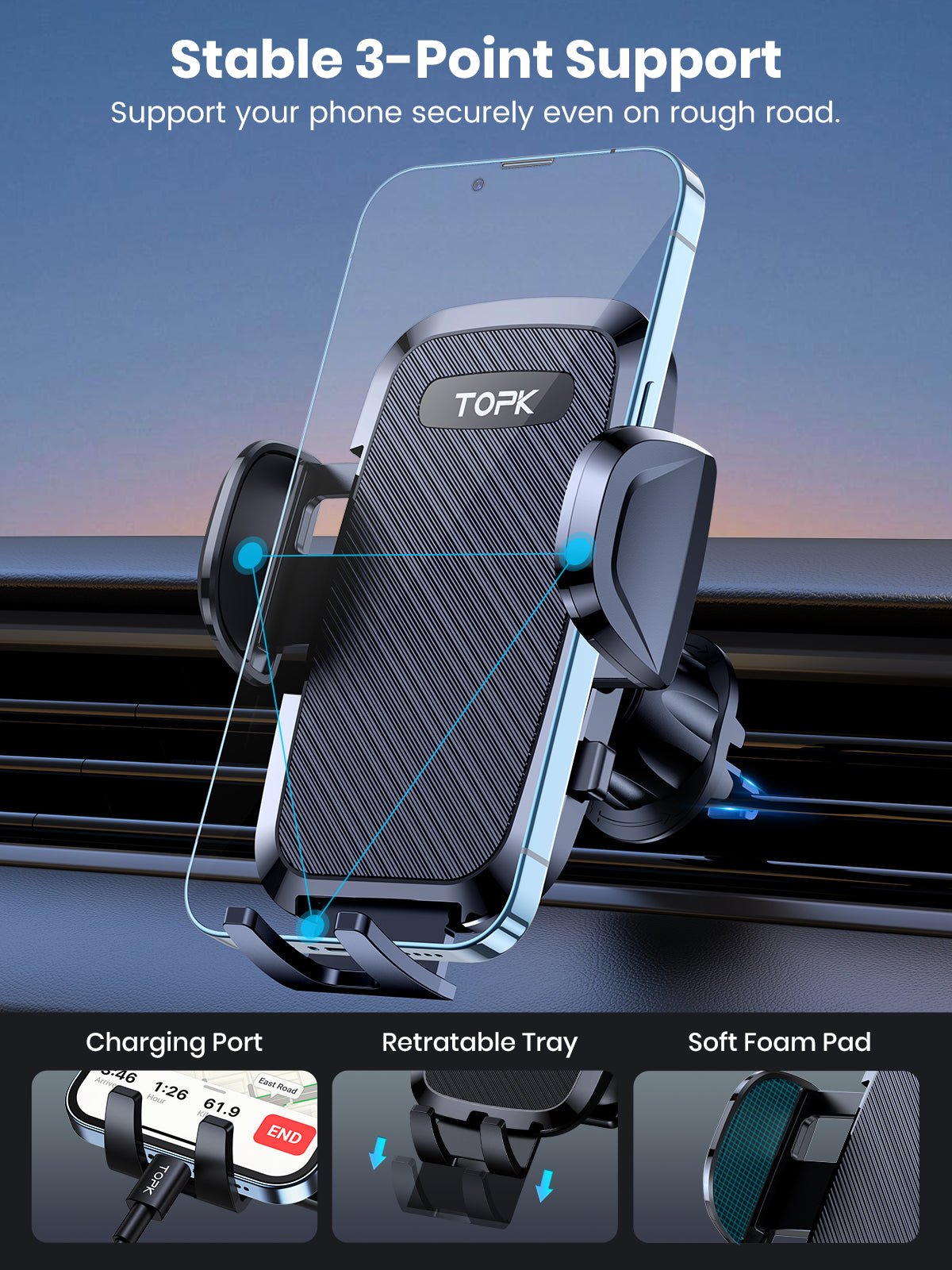 TOPK D36 Phone Holder for Car Dashboard and Air Vent - TOPK Official Store